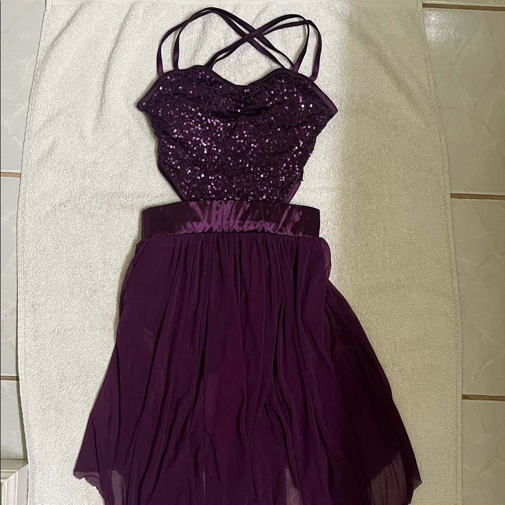 Purple Sequin Dress Dance Bodysuit with Strappy Back Sheer Skirt